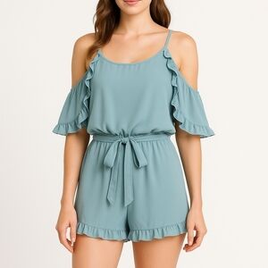 She + Sky Cold Shoulder Dolman Sleeves Ruffle Tie Waist Romper